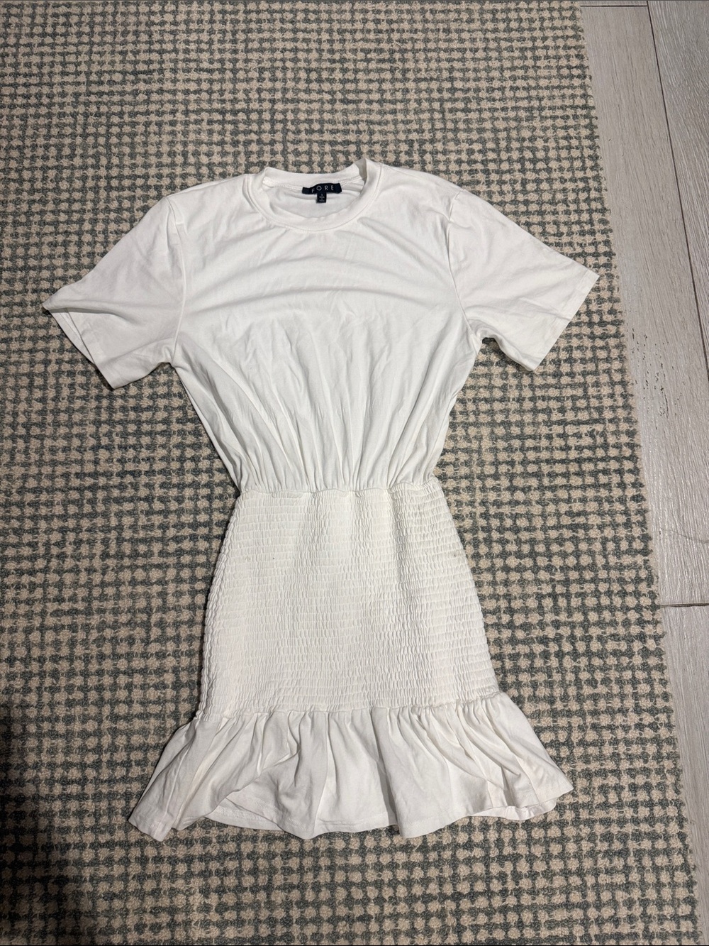 White Short Sleeve Smocked Waist Ruffle Hem Dress